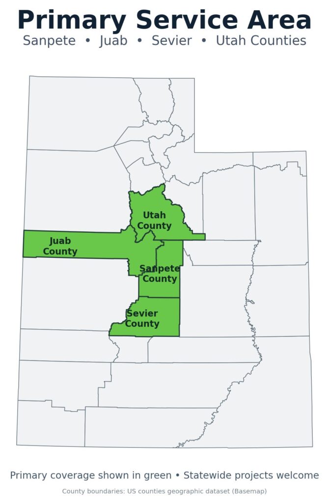 Concrete cutting and coring service areas map highlighting Sanpete, Juab, Sevier, and Utah counties
